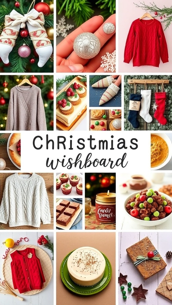 A colorful Christmas wishlist moodboard with images of gifts, decorations, and festive items.